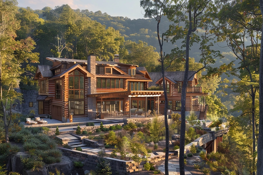 A large wooden house with stone accents sits on a forested hillside, surrounded by lush trees and landscaped terraces, with sunlight filtering through the leaves.