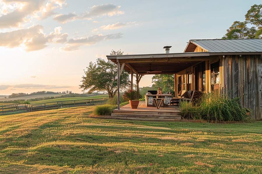 A cozy wooden porch overlooks a grassy yard and rolling hills at sunset, with outdoor furniture and potted plants, creating a peaceful, rural scene.