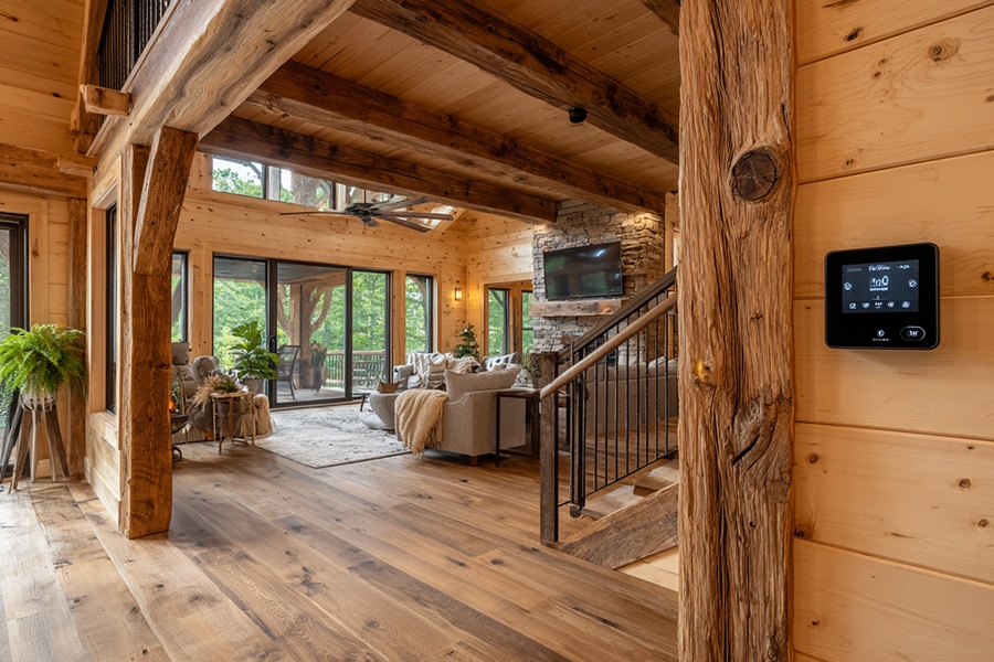 A cozy log cabin living room with large windows, wooden beams, stone fireplace, neutral sofas, indoor plants, and a smart thermostat on a pine wall.