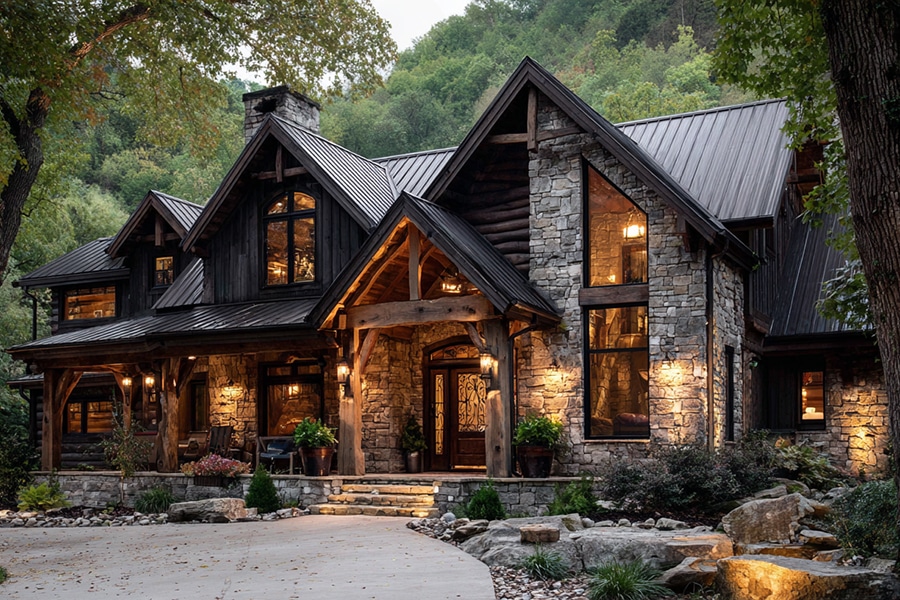 Rustic stone and wood house with warm lights, multiple gables, large windows, and wooden porch, set among tall trees and lush greenery.
