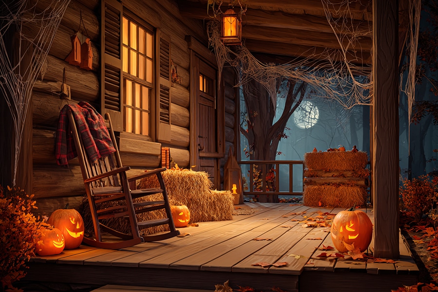 A wooden porch decorated with glowing jack-o-lanterns, hay bales, and autumn leaves. A rocking chair with a plaid shirt sits near the door. Cobwebs hang in the corners. A full moon shines through trees in the background.