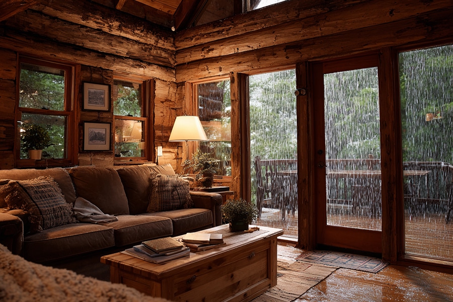 Cozy log cabin living room with a couch, lamp, and wooden table. Large windows and a door show heavy rain falling outside, creating a warm, inviting indoor atmosphere.