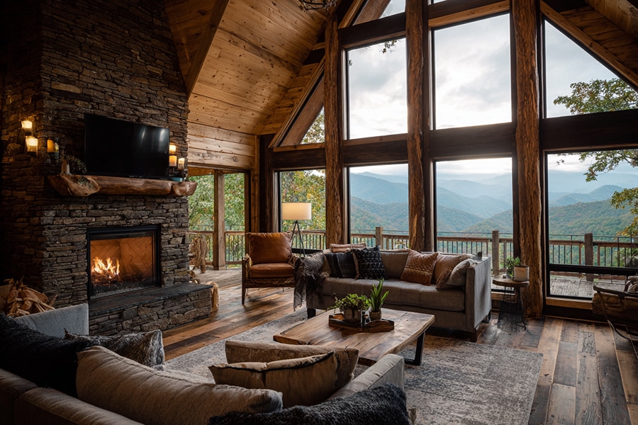 A cozy mountain cabin living room by a skilled Log Home Builder features large windows, a stone fireplace, wooden walls, comfortable sofas, and a scenic view of distant mountains and trees.
