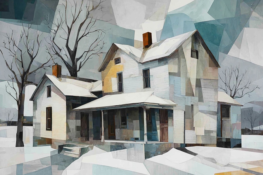 A geometric, cubist-style painting of a two-story house in winter, with bare trees and snow on the ground, featuring cool shades of blue, gray, and white throughout the scene.