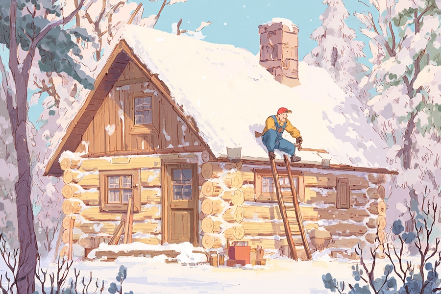 A person in winter clothes repairs the snow-covered roof of a wooden log cabin in a snowy forest. A ladder leans against the house and tools are scattered on the ground.