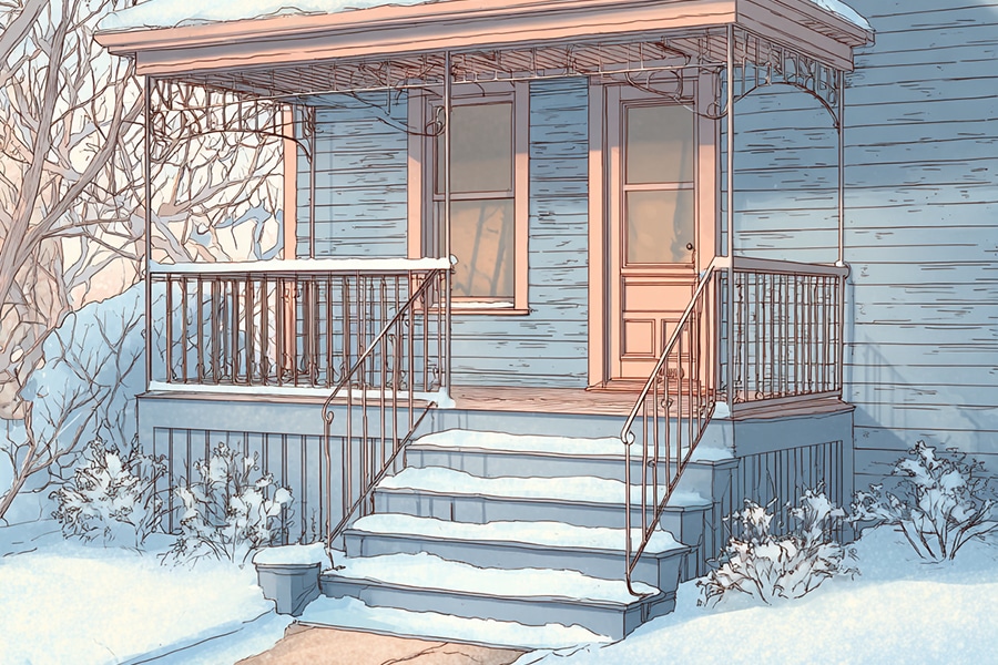 A small, blue wooden porch with railings and steps is covered in snow. Bare trees and shrubs surround the porch, and snow blankets the ground on a winter day.