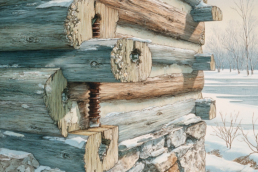 Close-up of a log cabin corner in winter, showing overlapping logs with notched joints, some snow on top, a wooden support screw, and a snowy landscape with bare trees in the background.