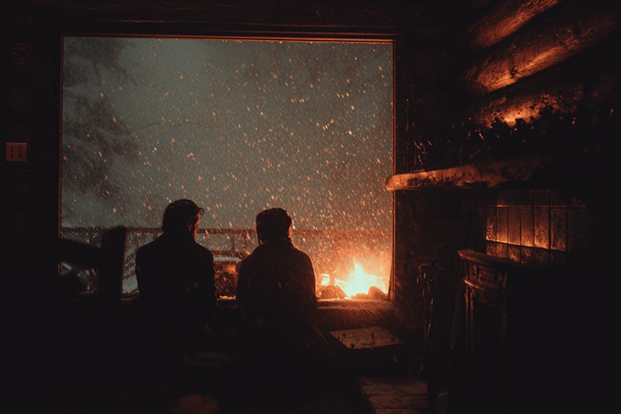 Two people sit by a glowing fireplace inside a cozy cabin, looking out a large window at heavy snowfall and a snowy landscape outside. The warm fire contrasts with the cold, wintry scene beyond the glass.