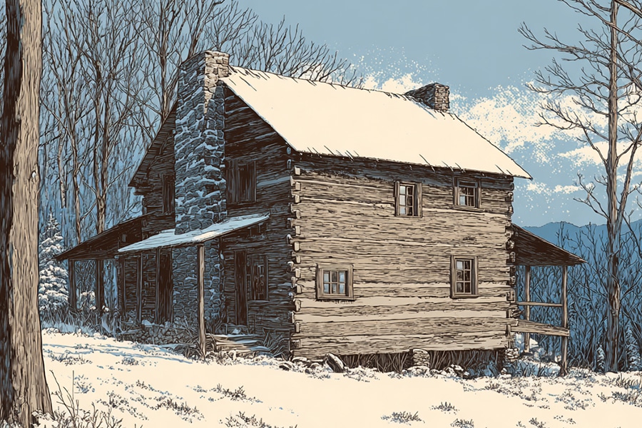 A rustic log cabin with stone chimneys and snow-covered roof sits in a snowy, leafless forest under a clear blue sky.
