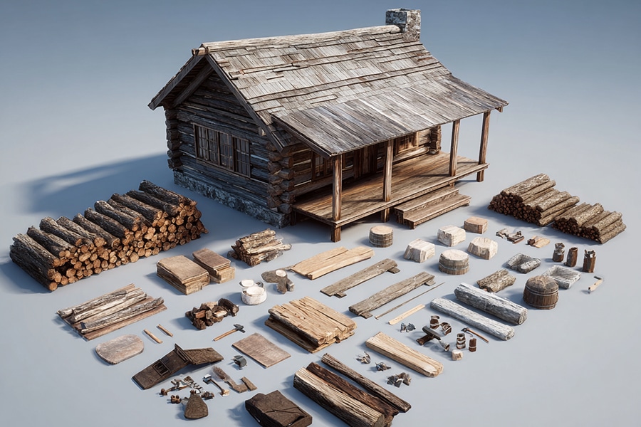 A log cabin stands behind neatly arranged building materials like logs, planks, and stones, displayed in organized rows on a plain background.