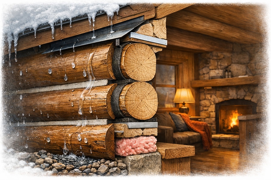 Close-up of a log cabin corner with melting snow and exposed insulation outside; cozy interior with a lit fireplace, lamp, and sofa seen through the window.