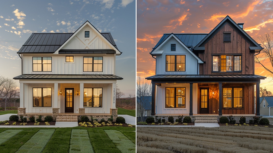 Side-by-side view of two modern farmhouse-style homes, one with white siding in daylight, the other with dark wood siding at sunset, both with front porches and manicured lawns.