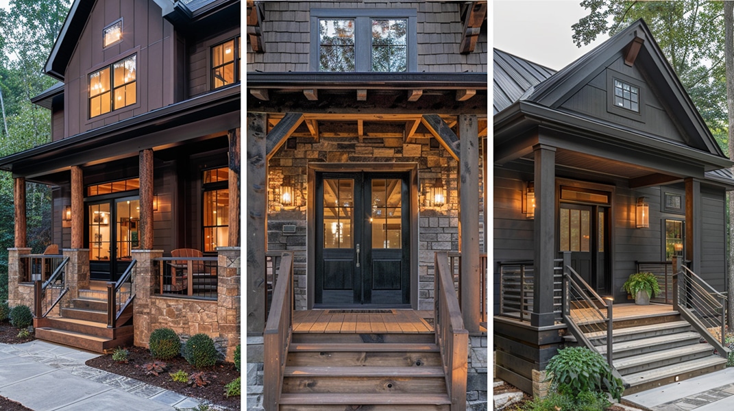 Three modern farmhouse-style front porches, each with unique wood and stone details, large windows, inviting steps, and stylish porch railings, illuminated warmly in the evening.