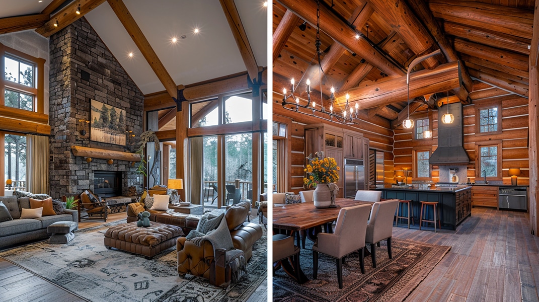 Side-by-side images of a cozy, custom-built log cabin: one shows a living room with a stone fireplace, wood beams, large windows, and plush seating; the other shows a rustic dining area and kitchen with wood walls and modern fixtures.