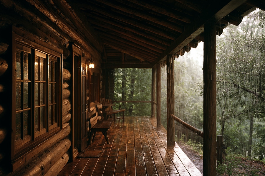 Wooden log cabin porch on a rainy day, wet planks and benches, overlooking a forested area.