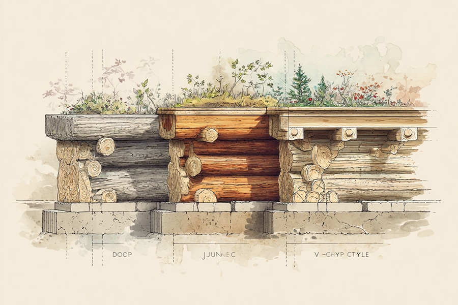 Cross-sectional illustration of three stacked log planters with soil and small plants on top