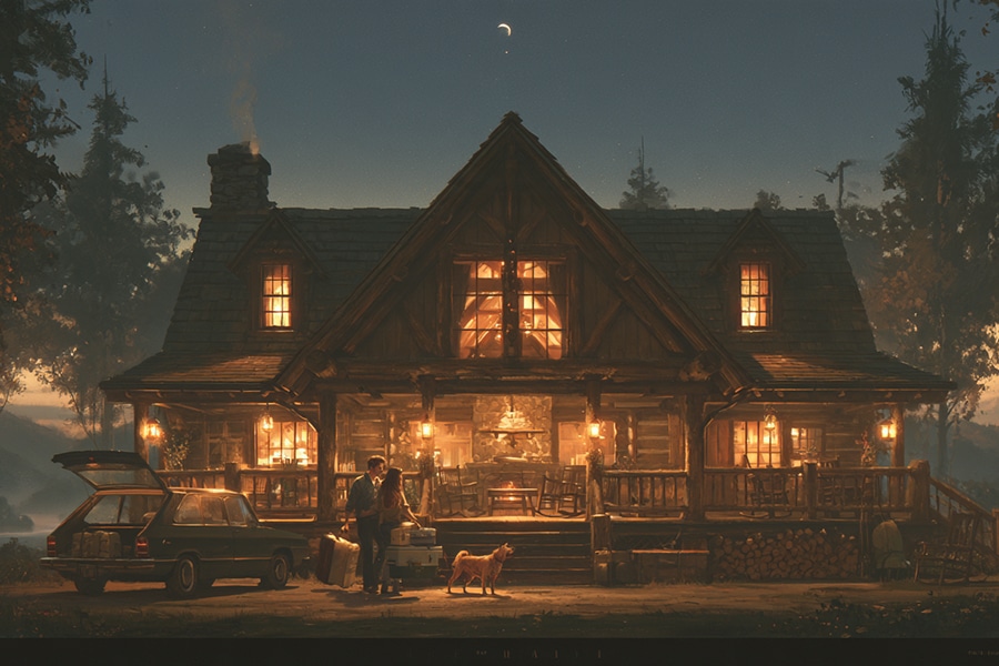 A cozy log cabin glows with warm lights at dusk. A car with an open trunk is parked outside. Two people and a dog stand near the porch surrounded by trees, with a crescent moon in the sky above.
