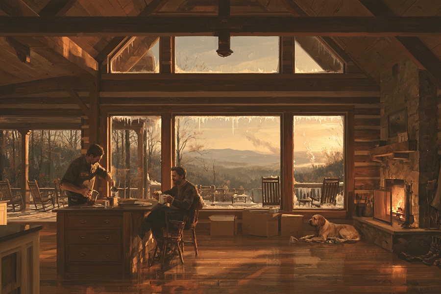 Two people sit in a cozy wooden cabin with large windows, a roaring fireplace, and a dog lying nearby. Outside, snow and icicles hang as the sun sets behind distant mountains. Boxes sit on the floor, hinting at a recent move.